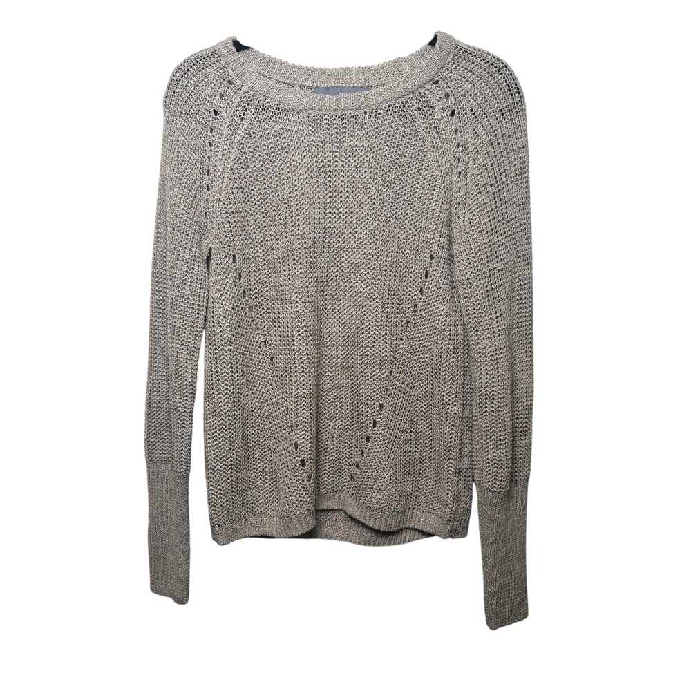 360 Sweater Taupe Beige Open Knit Linen Blend Raglan Crewneck Pullover Womens M
